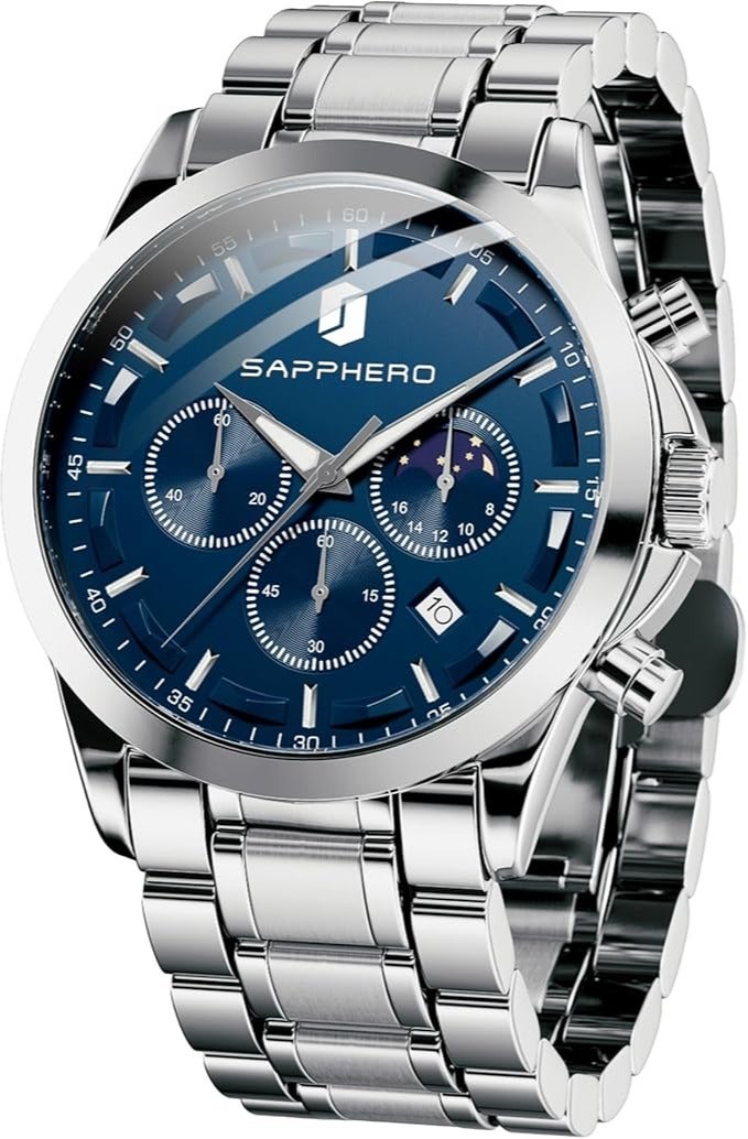 Sapphero Mens Watches Multifunction Chronograph Date Quartz Watch for Men Stainless Steel Band Wrist Watch Gift for Men Casual Business - Image 1